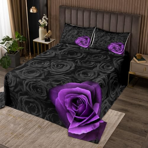 Lila Schwarz Rose Tagesdecke S Größe,3D Natur Botanische Tröster Set Kinder Mädchen Frauen Zimmer Dekor,Romantische Valentinstag Bettwäsche Set Liebhaber Paar Quilt Coverlet,1 Kissenbezug