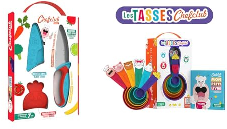 Chefclub Kids- Kit Couteau de Cuisine pour Enfants - Lame Acier Inoxydable & Kids - Ustensiles De Cuisine pour Enfant - Tasses Doseuses Ludiques pour Mesurer Facilement - La Cuisine Devient Un Jeu