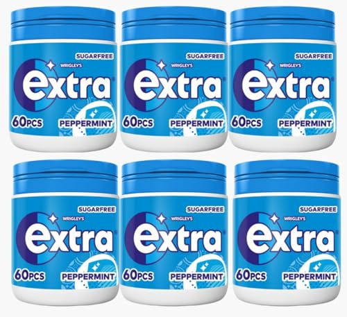 Extra Chewing Gum, Peppermint Flavor Chewing Gum Sugar Free, Chewing Gum Bottle 60 Pcs X 6 Bottles (Peppermint)