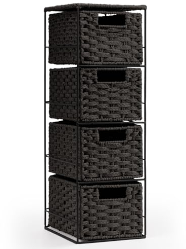 EHC Drawers Storage Unit Baskets, 4 Drawer Wicker Hand-Woven Storage boxes Shelves, Slimline Ideal For Organising Home or Office - Black, 30 x 20 x 60.5 cm