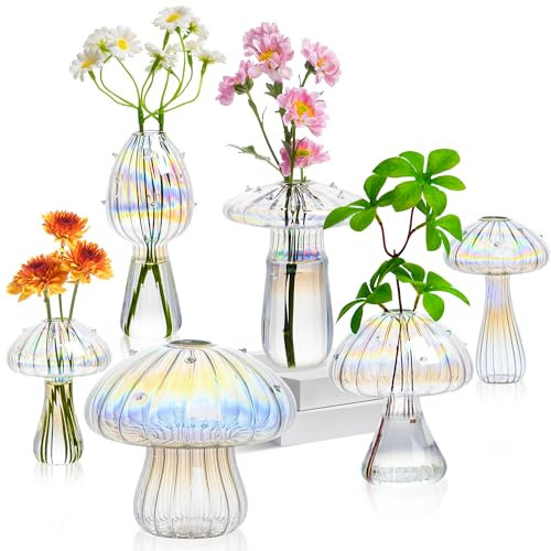 Pilzvase, Set mit 6 farbigen Vasen für Blumen, Pflanzenvermehrungsstation, Glasvase zur Dekoration, kleine Knospenvasen, einzigartige Hydrokulturvase, niedlicher Pilz-Pflanzgefäß für Zimmer, Büro,