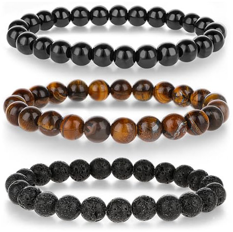 Mabor 3Pcs Men Beaded Bracelet Set Elastic 8mm Bead Tiger Eye Bead Bracelet Jewelry Stretch Round Beaded for Men Women Gift