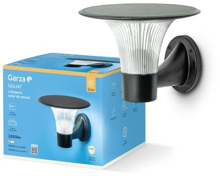 Garza - Aplique de Exterior Solar LED 2200lm, 360º, Efecto Estrella – Sensor de Movimiento, 2 Tonos (3000K/4000K), IP65, 80m² Cobertura, Instalación en Pared.