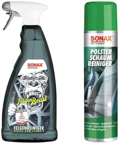 SONAX FelgenBeast (1 Liter) Felgenreiniger & PolsterSchaumReiniger (400 ml) entfernt fasertief selbst hartnäckige Verschmutzungen aus Polstern, Teppichen und anderen Geweben | Art-Nr. 03062000