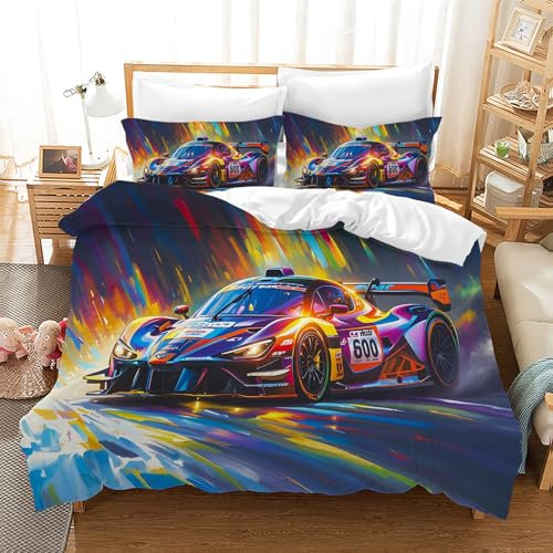 Gegeryozer Rennwagen Bettwäsche 135×200 cm für Kinder Jungen Rennsport Bettbezug 1pc Motorsport Mikrofaser Bettbezug + 2pc Kissenbezug 50×75cm (SC3)