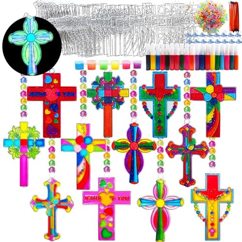 Ayhuhra 30 Sets religiöse Kreuz-Sonnenfänger, Bastelsets, DIY, leuchtet im Dunkeln, Fenstermalerei, Kunst, Buntglas-Kreuz, Sonnenfänger für Jesus, Sonntagsschule, VBS Basteln, Weihnachten, Ostern,
