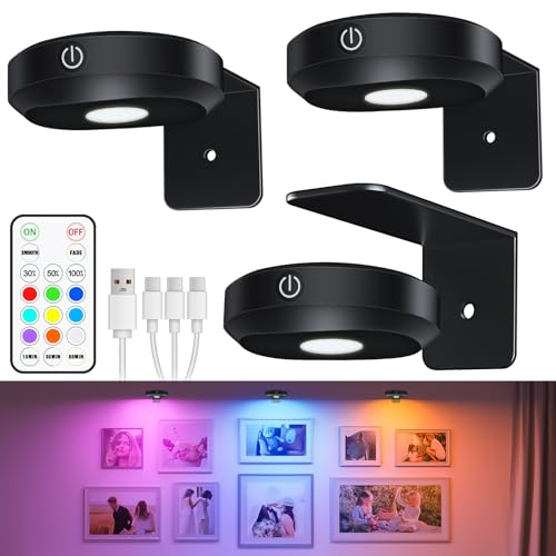 WILLED Bilderleuchte Kabellos, Bild Beleuchtung Wand Kabellos, LED Spot Akku mit Fernbedienung, Wiederaufladbare Bilderlampe mit 9 RGB-Farben, Vitrinenbeleuchtung LED mit Timer, Schwarz(3er Pack)