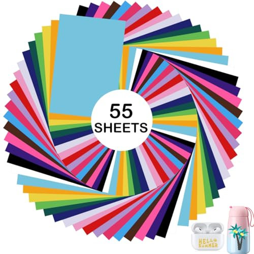 Yimomoyi 55 Hojas Vinilo Adhesivo, 30x20 cm Vinilos Permanente, 48 Hojas de Vinilo + 7 Transferencia, 16 Colores Vinilos Adhesivos para DIY Decoración Tazas, Vidrios, Ventanas, Letras