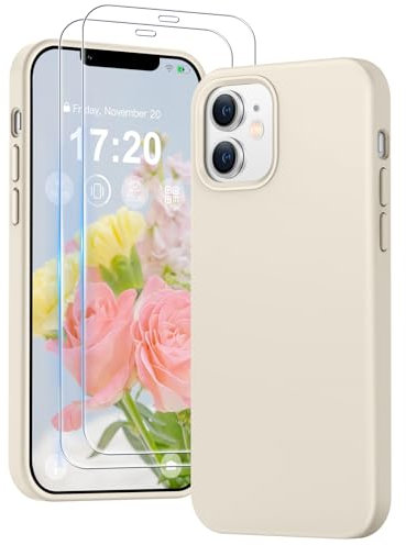 PuyaTeya 3 in 1 Hülle für iPhone 12/12 pro, mit 2 Stück 9H Panzerglas Premium Liquid Silikon Hülle, mit 4-Layer stoßfeste abriebfestes, Soft Mikrofaserfutter für iPhone 12/12 pro (Beige)