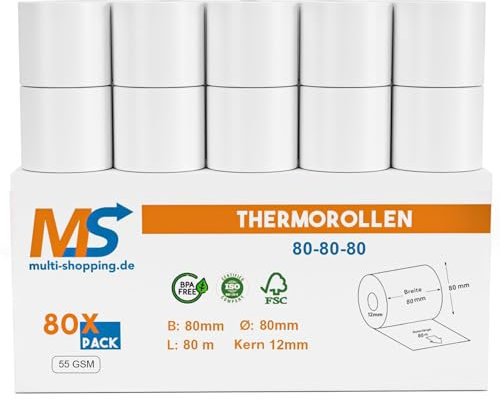 Kassenrollen/Thermorollen/Bonrollen 80mm x 80m x 12mm Bpa frei 55g/ für alle gängigen Thermo Kassen-Bondrucker B: 80mm x L: 80m Ø80mm (80)