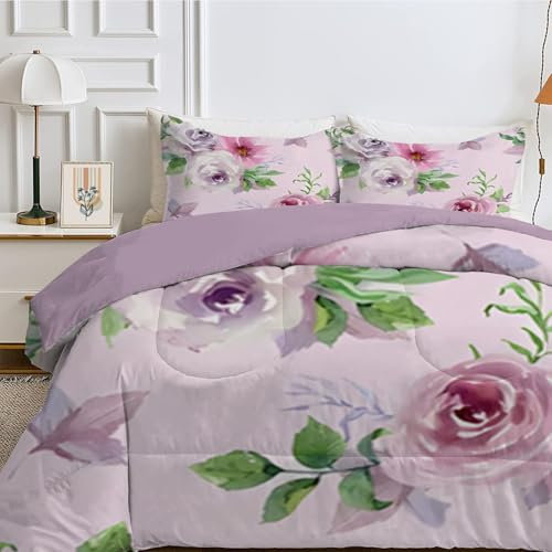 Couette 4 Saisons 240x260 cm Violet Clair, Couette Imprimée Roses Florales pour lit 2 Personnes, Couette Réversible sans Housse, Lavable en Machine, Couette Légère 200GSM avec 2 Taies d'oreiller