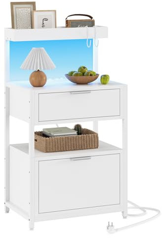 AOGLLATI Nachttisch mit LED-Leuchte und Ladestation, Beistelltisch mit 2 Schubladen, 3 offene Fächer, Nachtschrank mit 2 USB-Anschlüssen und 2 Steckdosen, für Schlafzimmer, Wohnzimmer, weiß