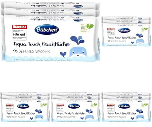 Bübchen Aqua Touch Feuchttücher, 144 Stück (3 x 48) – sensitive Pflegetücher mit 99% purem Wasser, feuchte Tücher für Neugeborene und Babys (Packung mit 5)