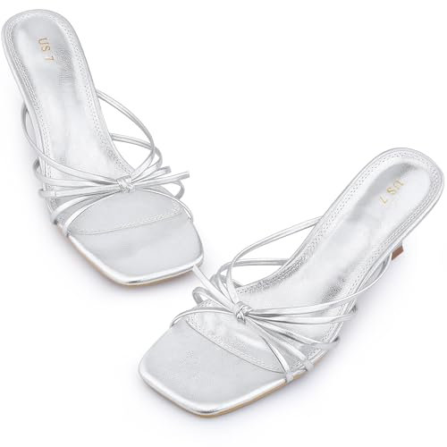 Allegra K Women's Square Toe Strappy Strap Kitten Heels Slide Sandals Silver 6 UK/Label Size 8 US