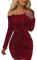 EMOTTOS Damen Sexy Pailletten Minikleid, Ausgehkleider Schulterfrei Quadratische Schnalle Abgeschrägte Schultern Wickelkleid, Unten Taille Falte Slim Fit Bodycon Enge Partykleid, Rot, S