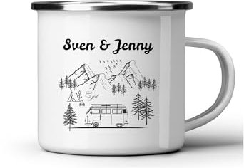 Emaille Tasse Camping Van personalisiert Berge Landschaft Natur Name Geschenk Camper