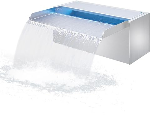 LONGRUN 30cm Teich-Wasserfall,304 Edelstahl Pool-Wasserfall mit Wasserpumpe,7 Farben Bluetooth LED Garten Brunnen