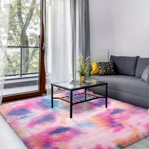 SOANNY Hochflor Wohnzimmer Teppich, Waschbar Anti-Rutsch & Flauschig, Groß Tie-Dye Langflor Shaggy Teppich für Schlafzimmer & Kinderzimmer, Bettvorleger Matte, 200 x 300 cm, Rosa Regenbogen