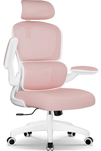 Aiidoits Chaise Bureau Ergonomique, Fauteuil de Bureau avec Appui-tête Réglable, Support Lombaire et Accoudoirs Rabattables, Chaise Ergonomique Pivotante avec Dossier Inclinable, Rose
