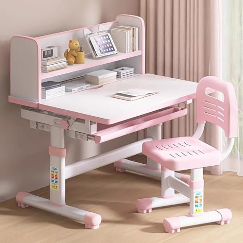 CYQQRDZSW Verstellbarer Schreibtisch Kinder, Kinderschreibtische mit Schubladen, Grundschultisch mit Stuhl, Schreibtisch-Set für Kinder, Kombination zum Schreiben, Lesen und Lernen(Pink)