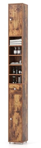 RELAX4LIFE Tall Bathroom Cabinet, Free Standing Storage Cupboard with 1 Drawer, 2 Cabinets & 5 Adjustable Open Shelves, MDF Slim Organiser Unit for Bathroom Living Room Kitchen (Rustic Brown)