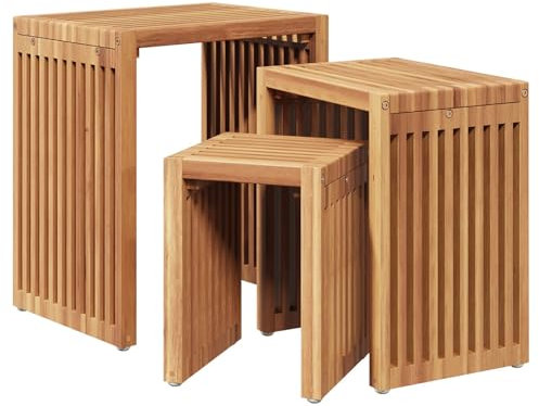 vidaXL Garten Nest von Beistelltischen 3 Stück aus Teakholz, stapelbar, langlebig, für Garten, Patio und Terrasse, modernes Design, wetterfest und platzsparend.