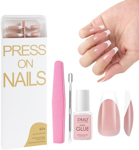 120PCS French False Nails, Square French Stick on Nails, Nude Pink Medium Coffin Press on Nail Set,Full Cover Stick on Nails Ballerina Nail Art Manicure