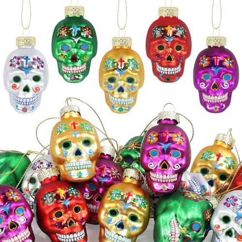 TaoQ C 15 Stück Tag des Toten Glas Schädel Ornamente Zucker hängende Schädelköpfe Bunte Halloween hängende Skelettkopf für Halloween Baum Horror Party Wohnzimmer Schlafzimmer Heimdekor