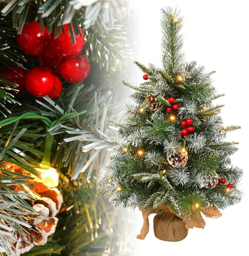 XMTECH Mini Christmas Tree 60 cm - Artificial with Warm White LED Lighting, Mixed Pine Needles, Snow, Pine Cones & Yew Berries - Table Christmas Tree for Christmas Decoration, Type B