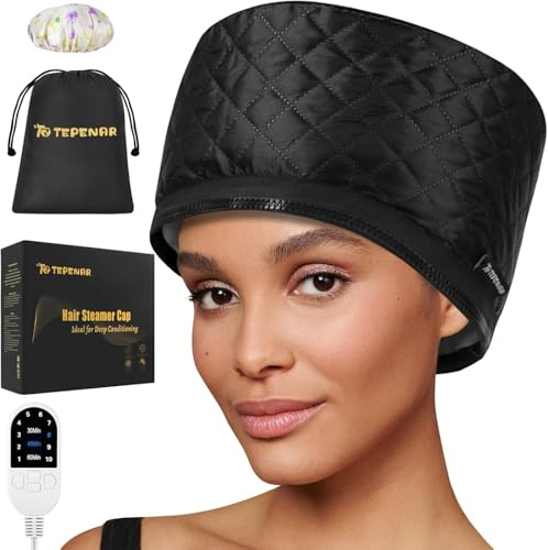 TEPENAR Bonnet vapeur professionnel avec 10 niveaux de chauffage et 3 minuteries - Capuchon chauffant électrique pour soins intensifs des cheveux naturels et afro - Hotte chaude portable pour la