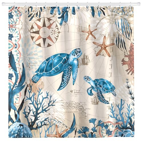 Arquiel Meeresschildkröte Duschvorhang Blau Ozean Strand Küste Waschbar 182X182 cm Polyester Badezimmervorhang Dekor für Bad Dusche Badezimmer Mit 12 Ösen und Ringen | Wasserdichter Stoff Badezimmer Dekor mit Meeresschildkröte Druck, waschbar, Küstenduschvorhang-Set mit 12 Haken