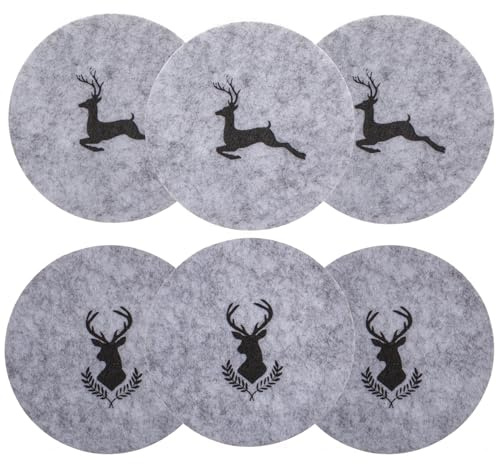 MIJOMA Filz-Untersetzer 6er Set rund mit Hirschmotiven Ø10 cm rutschfest langlebig für Gläser Tassen stilvoller Tischschutz für Küche Wohnzimmer Deko (Hellgrau)