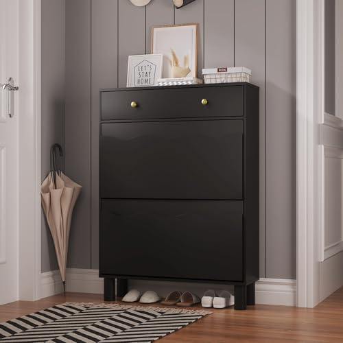 KEEPREAPER Black Shoe Cabinet Storage for Entryway Hallway, Freestanding Shoe Cabinet Organizer with 2 Flip & 1 Pull-Out Drawers, 4 Soild Wood Legs, Modern Shoe Rack Cabinet for Front Door Entrance