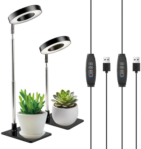 Grow Lights for Indoor Plants,48 LED Full Spectrum Indoor Plant Light with Detachable Base Height Adjustable Halo Growing Lamps with 3 Color Modes 10 Dimming Brightness Auto Timer 3/9/12H 2-Pack