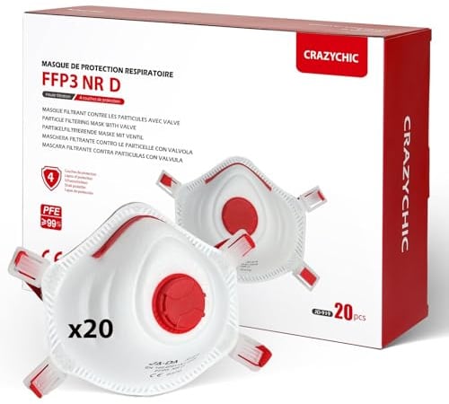 CRAZYCHIC - x20 Mascherine FFP3 NR D Certificate CE EN149 - Maschera di Protezione Antipolvere - Mascherina Filtrante Respiratoria Bianche - Lavoro Industria Verniciatura Chimica Cantiere Fumo