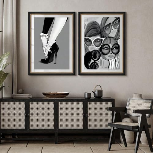 JORCEDI Set of 2 Posters, 2D Flat, Black & White Fashion Canvas Wall Art Set, Stylish High Heels & Sunglasses Prints, for Living Room,Bedroom,Bathroom,Office,Corridor, Bar, Unframed (30x40cm)