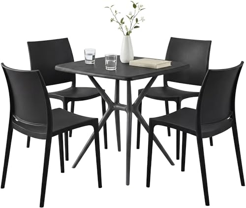 CLP Gartenmöbel Set stapelbar Amino mit 4 Stühlen und Tisch, Gartenstühle wetterfest aus Kunststoff, Essgruppe für Garten, Terrasse und Balkon Farbe schwarz
