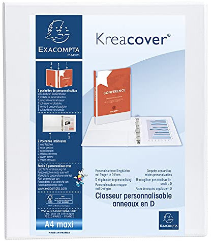 Exacompta - 51842E - Conf. da 10 Raccoglitori Personalizzabili - 4 Anelli a D 30 mm - Copertina Foderata PP con Tasca Fronte/Dorso/Retro - Dorso 47 mm - F.to Esterno 27.7x32 cm per A4 Maxi - Bianco