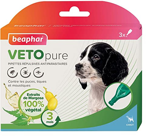 BEAPHAR – VETOPURE – Pipettes répulsives antiparasitaires pour chiot – Aux extraits de Margosa & Pyrèthre – Contre les puces, tiques et moustiques – Protection 3 mois – Facile à appliquer – 3 pipettes