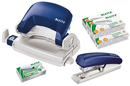 Leitz 5507 Stanz- und Lochgerät Bundle inkl. Aufbewahrungsklammern und Klammerentferner Set + Heftklammern blau