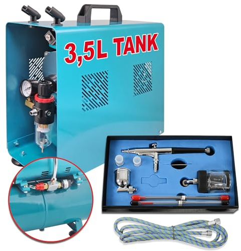 Profi Airbrush Set - Zweizylinder Kompressor Duo-Power II-C Mit Schutzgehäuse, Universal-Pistole Double-Action Inkl. 3 Düsen Und Druckluftschlauch. Basis-Ausstattung Zum Top Preis