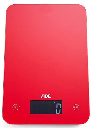 ADE Digitale Küchenwaage KE 927 Slim. Elektronische Waage im schlankem Design (nur 12 mm hoch). Präzise wiegen bis 5kg, Zuwiegefunktion Tara, Sensor-Touch. Auch für Flüssigkeiten. Inkl. Batterie. Rot
