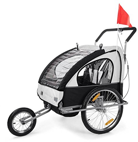 SAMAX Remorque Vélo Convertible Jogger 2en1 pour 2 Enfants Amortisseur Transport Poussette en Blanc/Noir - Silver Frame