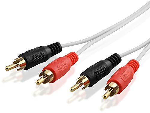 BestPlug 1 Meter Stereo Audio RCA L-R Kabel, 2 Cinch Stecker auf 2 Chinch Stecker vergoldet, Weiss