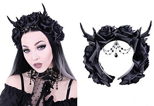 Gothic Hirsch Kopfschmuck Deer Reh Harrreif - schwarze Blumen, Ketten und Geweih