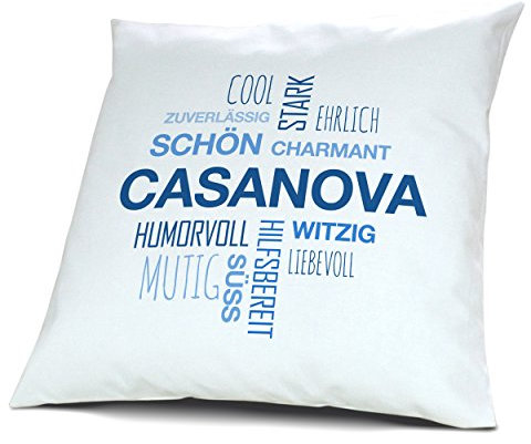printplanet Kopfkissen mit Namen Casanova - Motiv Positive Eigenschaften Tagcloud Blau, 40 cm, 100% Baumwolle, Kuschelkissen, Liebeskissen, Namenskissen, Geschenkidee