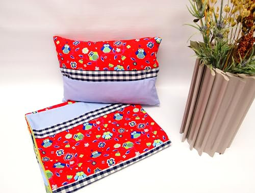 Babydecke mit Kissen, Kuscheldecke, Patchworkdecke in Rot/Blau mit Eulen, auch als Set mit Schlafsack