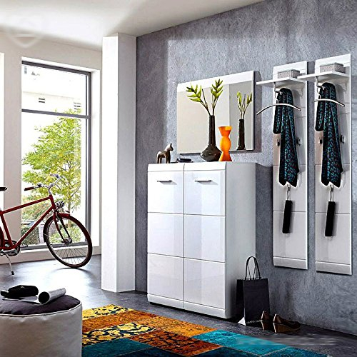 Lomadox Garderoben Set ● 3-teilige Flurgarderobe Flurmöbel in Hochglanz weiß ● Schuhschrank, Spiegel, 2 Wandpaneele ● Made in Germany