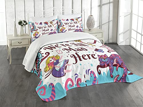 ABAKUHAUS Fantasie Tagesdecke Set, Alice im Wunderland, Set mit Kissenbezügen Sommerdecke, für Einzelbetten 170 x 220 cm, Rosa und Lila