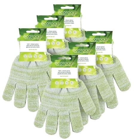 EcoTools Bath & Shower Gloves, Recycled Netting, Exfoliating, Gentle Cleansing for Whole Body, Use Before Self-Tanning, Removes Dry Skin, Dirt, & Impurities, Fits All Hands, 6 Pairs, 12 Gloves Total